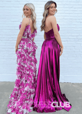 Regina |Fuchsia Metallic Long Prom Dresses Websites With A Line Sweetheart Pleated Slit - Price #price_variant_lowest# - Fuchsia - PromDressClub